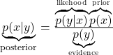 \underbrace{p(x | y)}_{\text{posterior}} = \frac{\overbrace{p(y | x)}^{\text{likehood}} \overbrace{p(x)}^{\text{prior}}}{\underbrace{p(y)}_{\text{evidence}}}